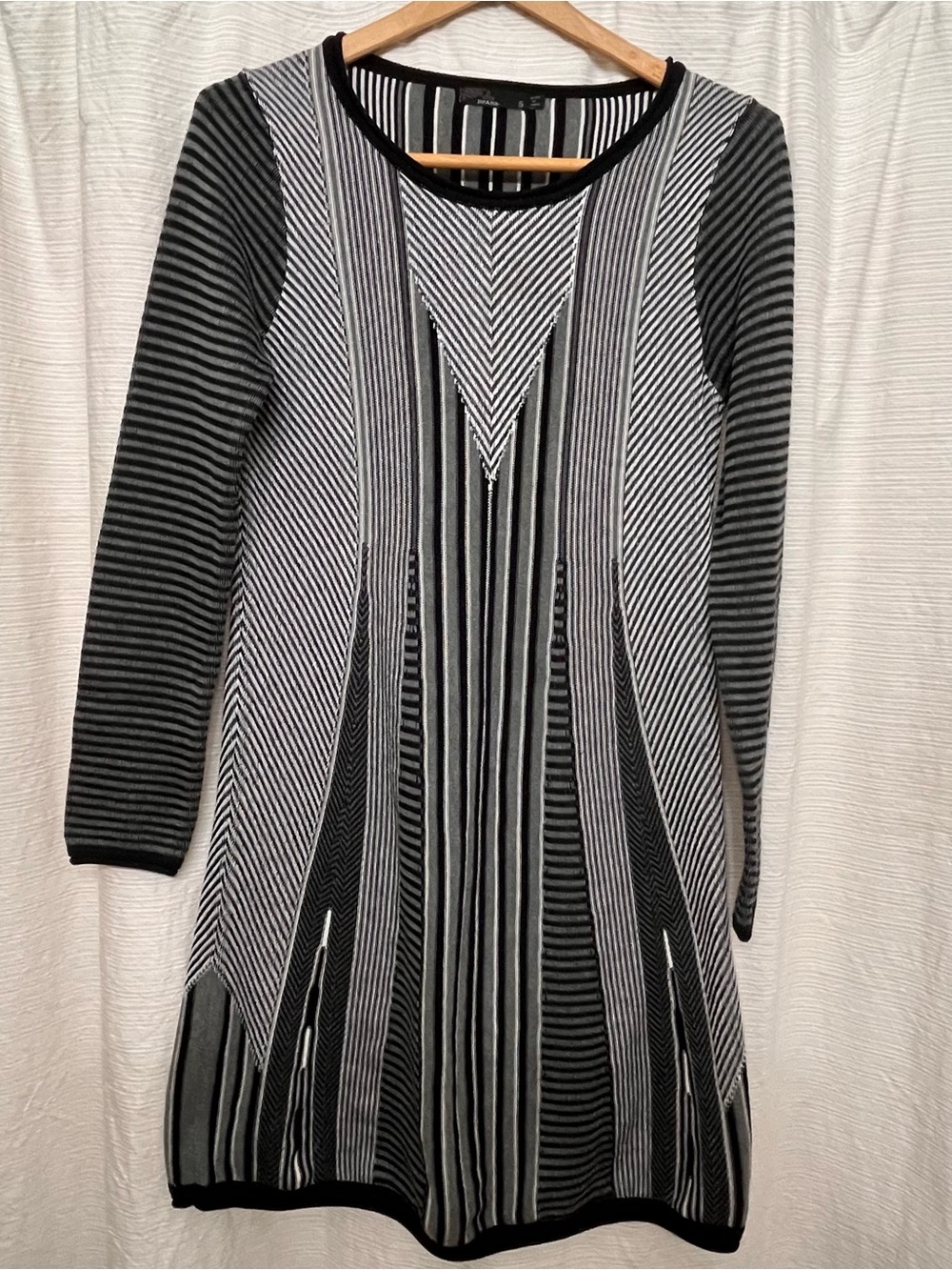 Prana Black and White Striped Long-Sleeve Knit Dress